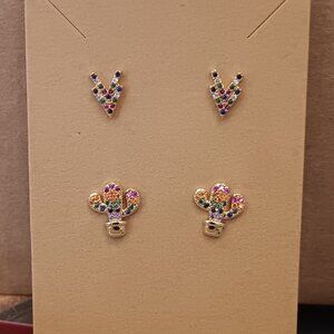 Two pair of cute pavé set gold (filled) studs -chevron and cactus